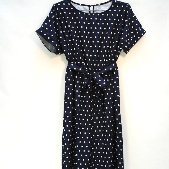 Navy polka dot JUMPSUIT Sz L-XL dressy & flowy, elastic waist, matching belt - Picture 2 of 6